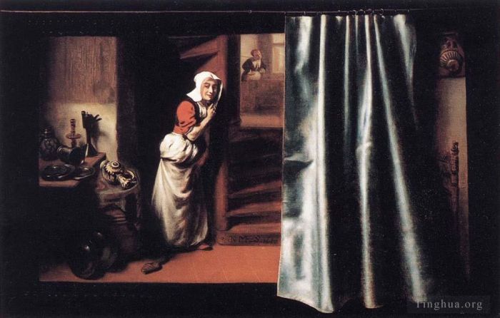 Nicolaes Maas Ölgemälde - Lauscher mit einer scheltenden Frau