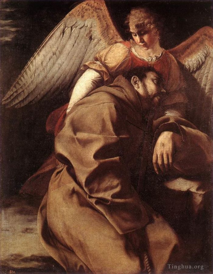 Orazio Lomi Gentileschi Ölgemälde - Der heilige Franziskus wird von einem Engel unterstützt