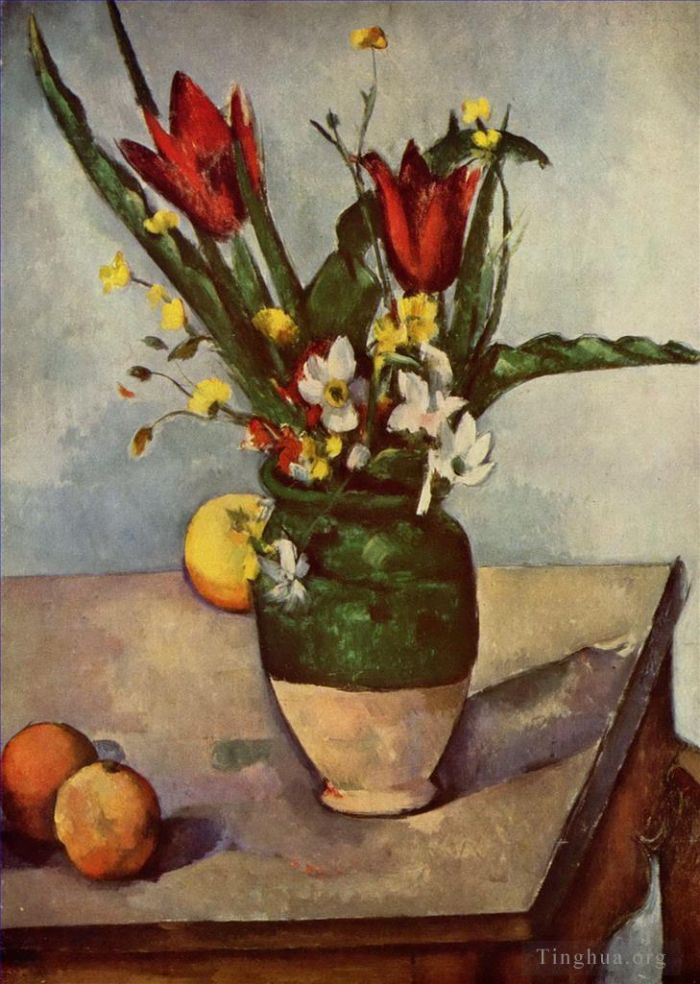 Paul Cezanne Ölgemälde - Stillleben mit Tulpen und Äpfeln
