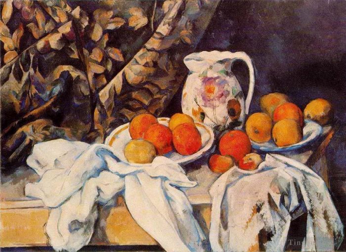 Paul Cezanne Ölgemälde - Stillleben mit Vorhang und geblümtem Krug
