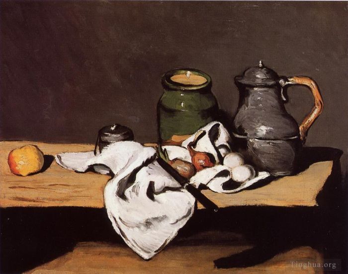 Paul Cezanne Ölgemälde - Stillleben mit grünem Topf und Zinnkrug