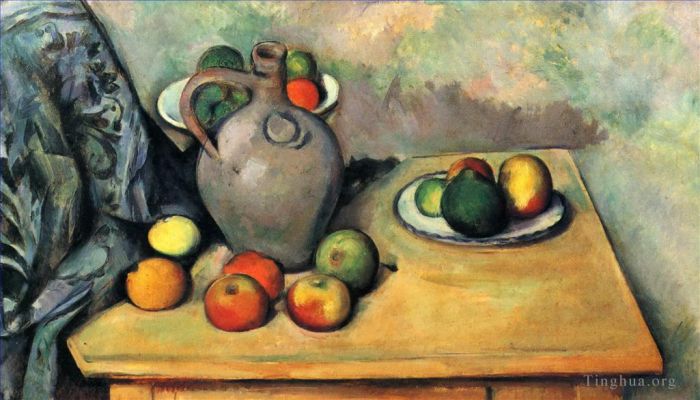 Paul Cezanne Ölgemälde - Stilllebenkrug und Obst auf einem Tisch