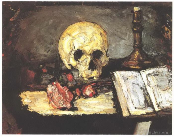 Paul Cezanne Ölgemälde - Stillleben mit Totenkopfkerze und Buch