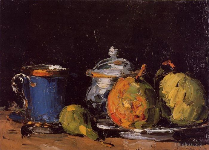 Paul Cezanne Ölgemälde - Zuckerdose Birnen und blaue Tasse