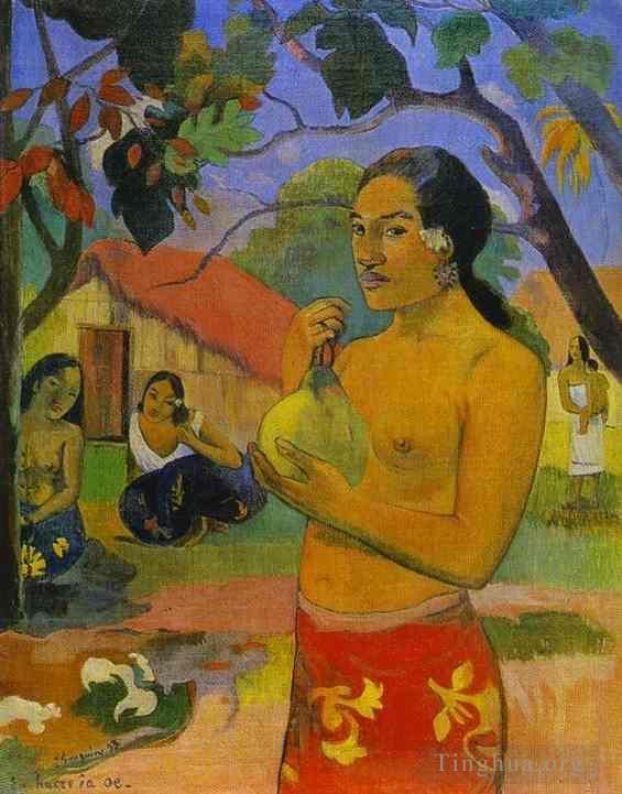 Paul Gauguin Ölgemälde - Eu haere ia oe Frau hält eine Frucht