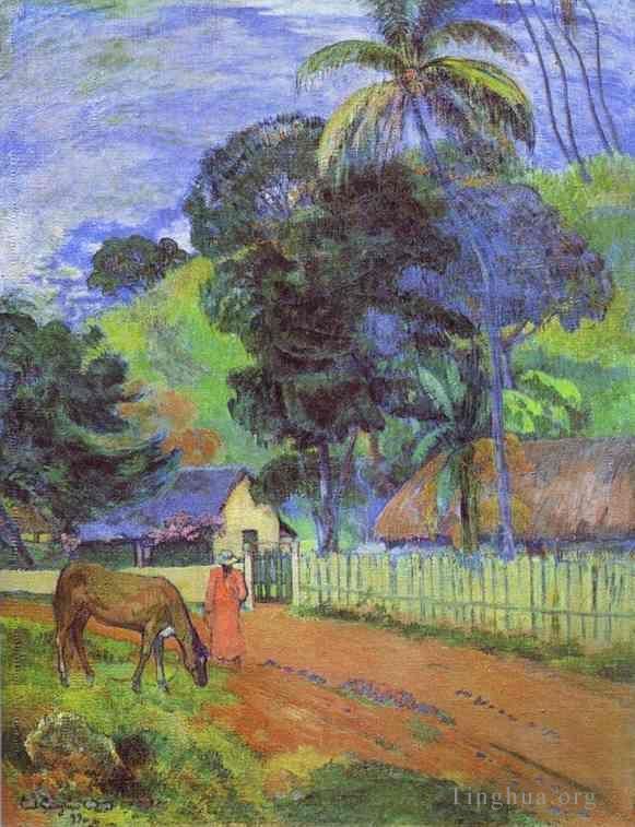 Paul Gauguin Ölgemälde - Pferd auf der Straße Tahiti-Landschaft