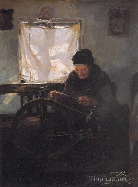 Peder Severin Kroyer Ölgemälde - Anciana en la rueca 1887