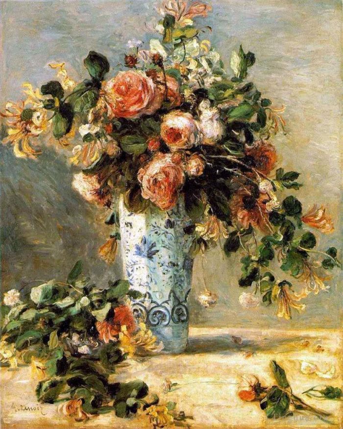 Pierre-Auguste Renoir Ölgemälde - Rosen und Jasmin in einer Delfter Vasenblume