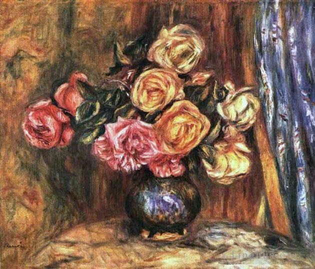 Pierre-Auguste Renoir Ölgemälde - Rosen vor einer blauen Vorhangblume