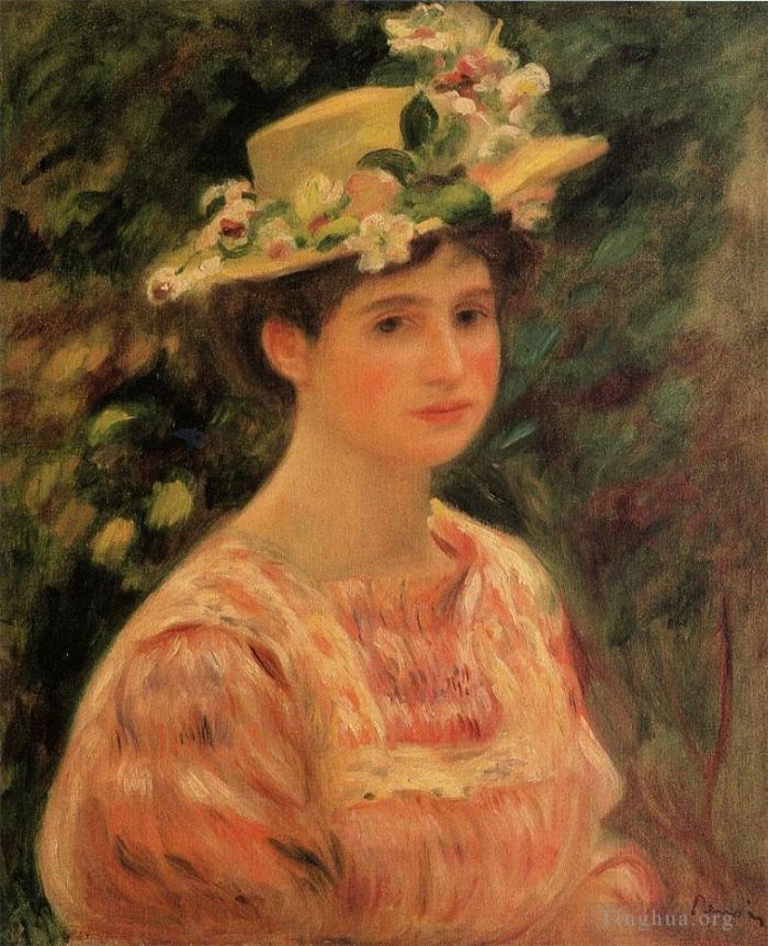 Pierre-Auguste Renoir Ölgemälde - Junge Frau trägt einen Hut mit Wildrosen
