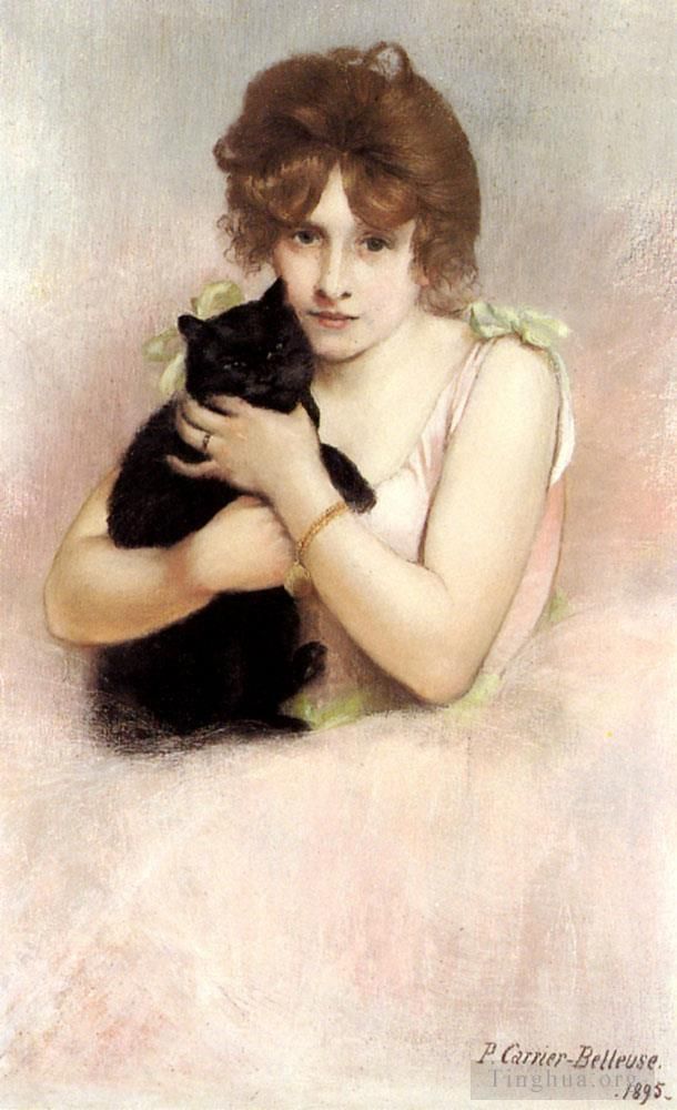 Pierre Carrier-Belleuse Ölgemälde - Junge Ballerina hält eine schwarze Katze