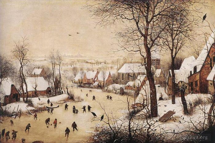 Pieter Brueghel the Elder Ölgemälde - Winterlandschaft, Mit, Schlittschuhläufer, Und, Vogel, Trap