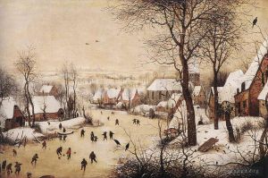 Pieter Brueghel the Elder Werk - Winterlandschaft, Mit, Schlittschuhläufer, Und, Vogel, Trap