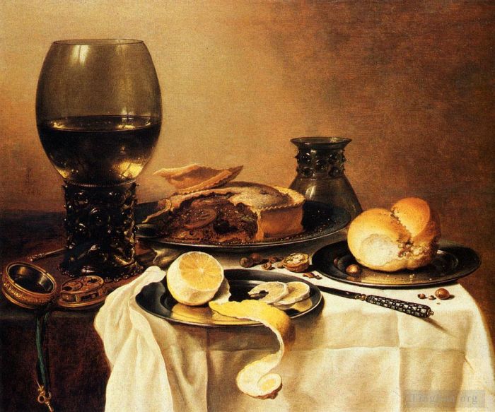 Pieter Claesz Ölgemälde - Frühstücksstillleben mit Roemer-Fleischpastete, Zitrone und Brot