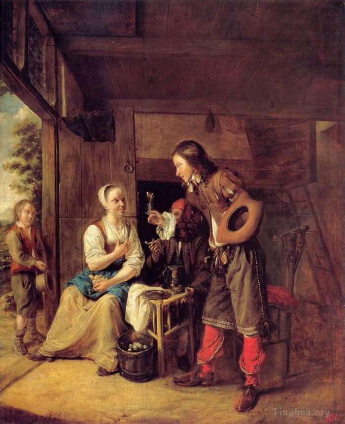 Pieter de Hooch Ölgemälde - Ein Mann bietet einer Frau ein Glas Wein an
