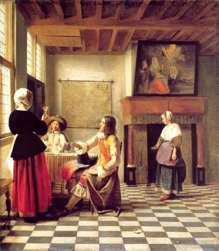 Pieter de Hooch Ölgemälde - Eine trinkende Frau mit zwei Männern und einer bedienenden Frau
