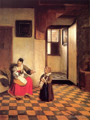 Pieter de Hooch Werk - Eine Frau mit einem Baby auf dem Schoß und einem kleinen Kind
