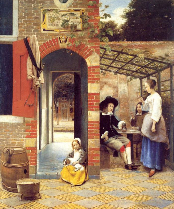 Pieter de Hooch Ölgemälde - Figuren trinken in einem Innenhof