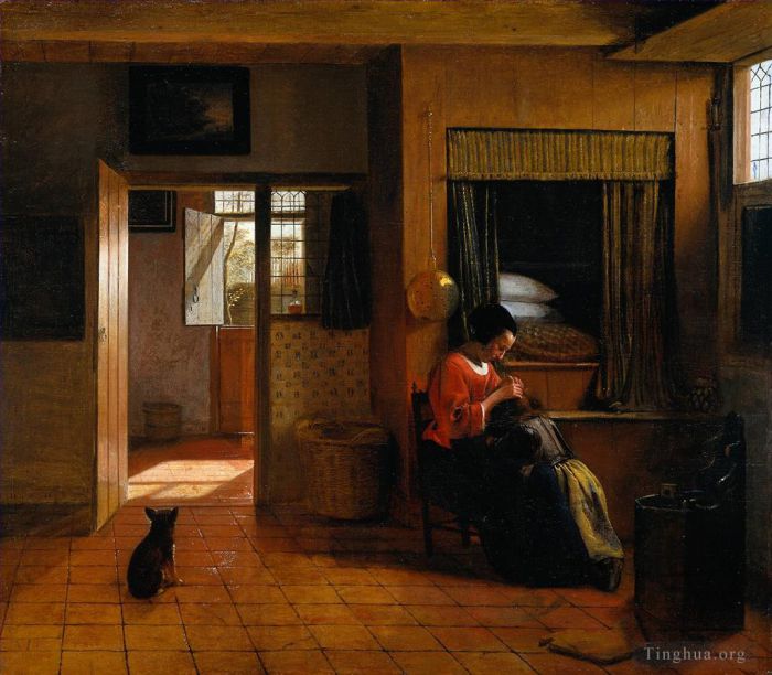 Pieter de Hooch Ölgemälde - Innenraum mit einer Mutter, die die Haare ihres Kindes entlaust, bekannt als „Mütterpflicht“.