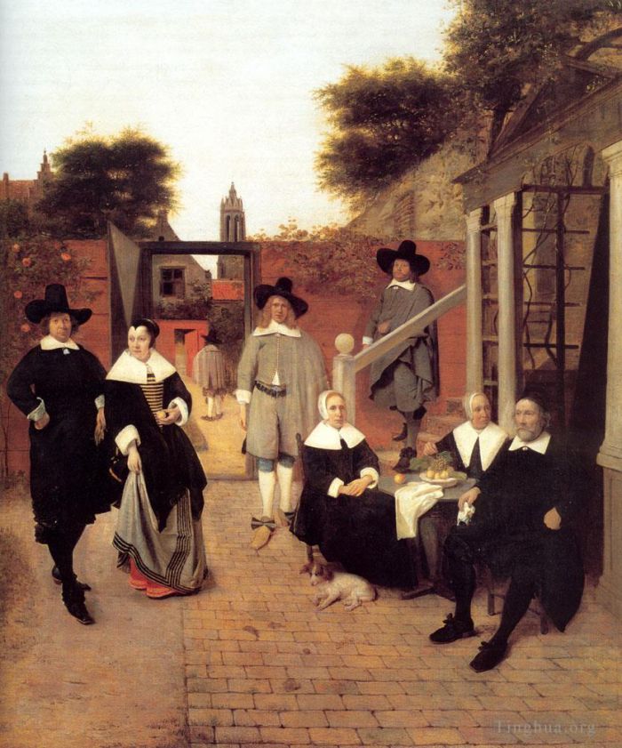 Pieter de Hooch Ölgemälde - Porträt einer Familie in einem Innenhof in Delft