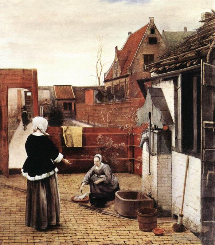 Pieter de Hooch Ölgemälde - Frau und Dienstmädchen in einem Innenhof