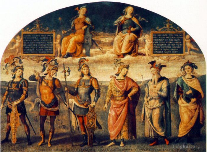 Pietro Perugino Ölgemälde - Standhaftigkeit und Mäßigkeit mit sechs antiken Helden 1497