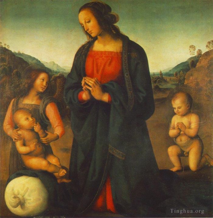Pietro Perugino Ölgemälde - Madonna mit Engel und dem kleinen Johannes anbetend das Kind Madonna del sacco 149515