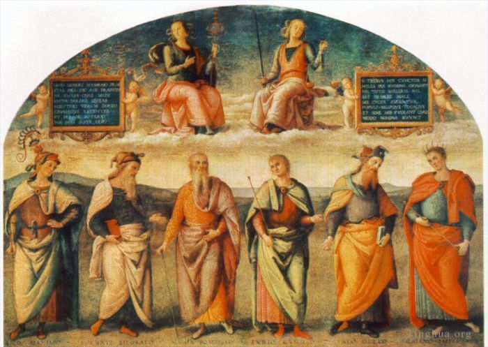 Pietro Perugino Ölgemälde - Klugheit und Gerechtigkeit mit sechs antiken Weisen 1497