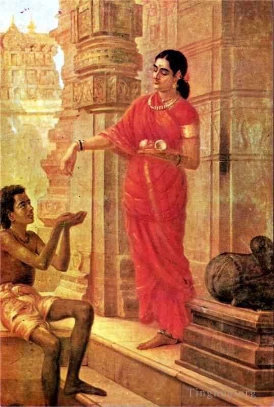 Raja Ravi Varma Ölgemälde - Dame, die Almosen im Tempel gibt