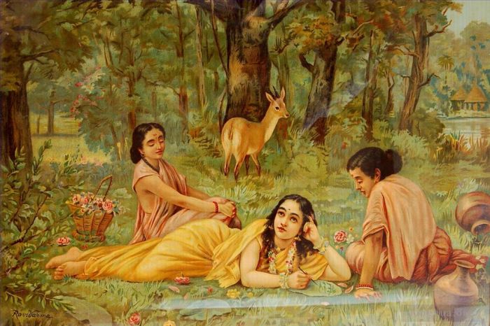 Raja Ravi Varma Ölgemälde - Hirsch und Shakuntala