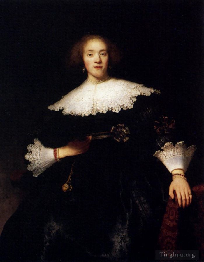 Rembrandt Ölgemälde - Porträt einer jungen Frau mit einem Fan