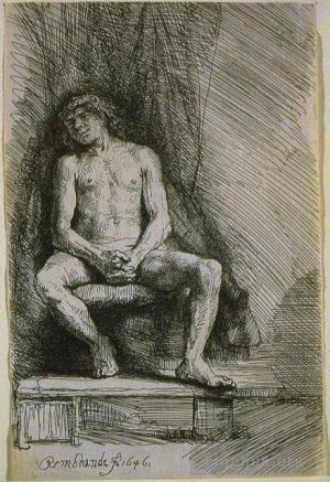 Rembrandt Werk - Studie des nackten Mannes, der vor einem Vorhang sitzt