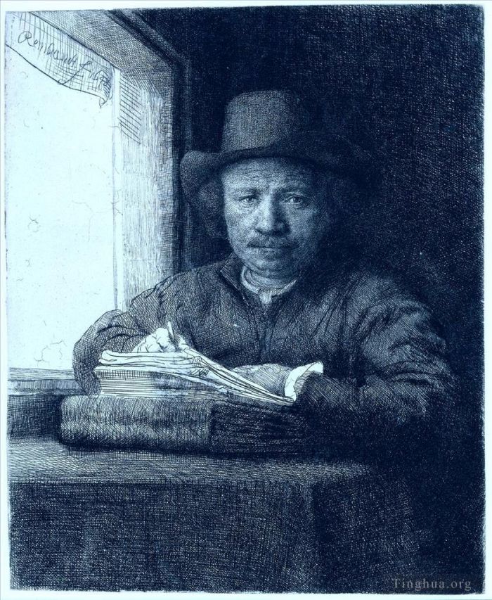 Rembrandt Andere Malerei - Zeichnen an einem Fenster