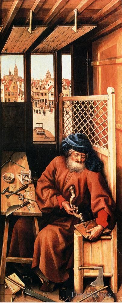 Robert Campin Ölgemälde - Der heilige Josef wird als mittelalterlicher Zimmermann dargestellt