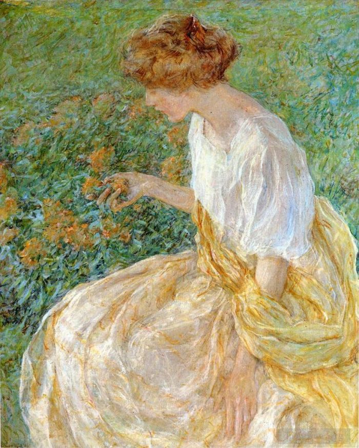 Robert Lewis Reid Ölgemälde - Die gelbe Blume, auch bekannt als „Die Frau des Künstlers im Garten“.