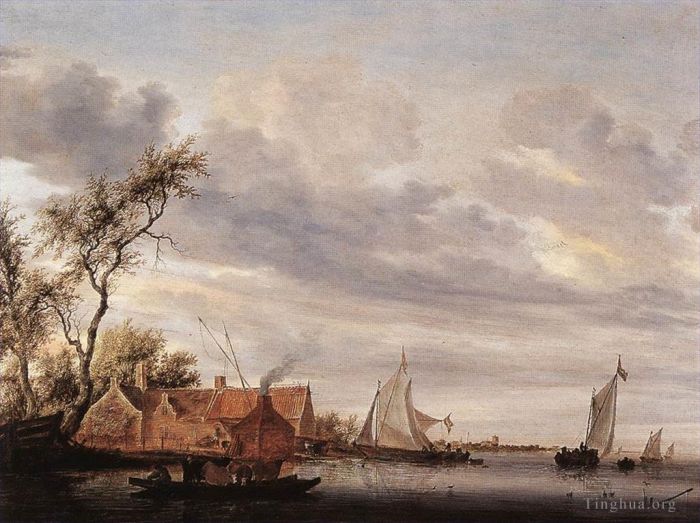 Salomon van Ruysdael Ölgemälde - Flussszene mit Gehöft