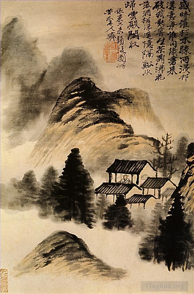 Shi Tao Chinesische Kunst - Die Einsiedlerhütte in der Mitte des Tisches 170