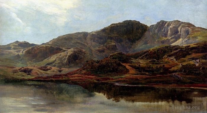 Sidney Richard Percy Ölgemälde - Landschaft mit einem See und Bergen dahinter