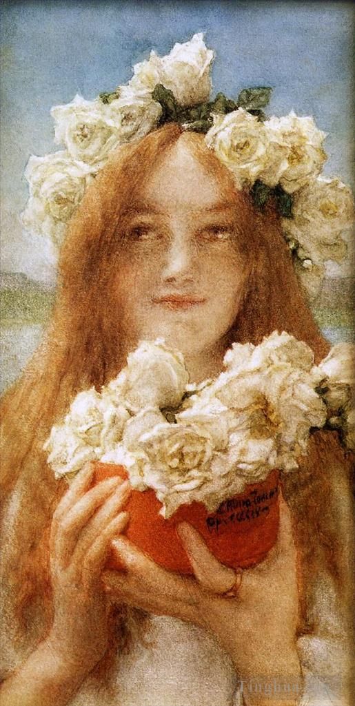 Sir Lawrence Alma-Tadema Ölgemälde - Sommeropferung eines jungen Mädchens mit Rosen