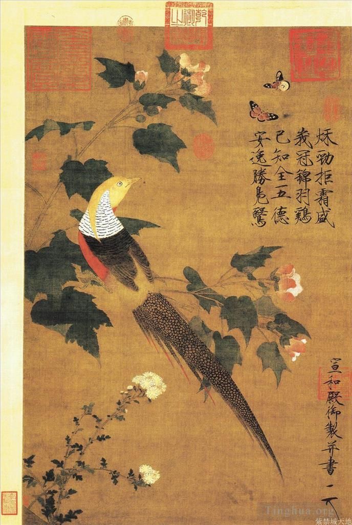 Zhao Ji Chinesische Kunst - Goldfasan- und Baumwollrosenblüten