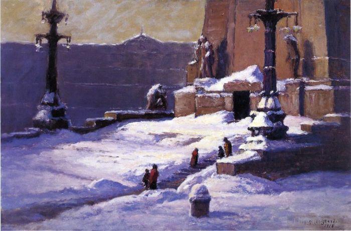 Theodore Clement Steele Ölgemälde - Denkmal im Schnee