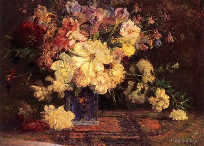 Theodore Clement Steele Ölgemälde - Stillleben mit Pfingstrosen, impressionistische Blume