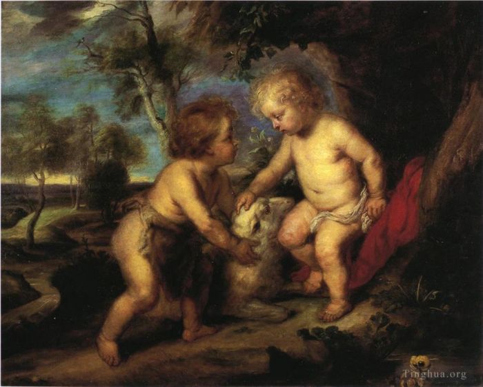 Theodore Clement Steele Ölgemälde - Das Christkind und das Johanneskind nach Rubens Impressionist