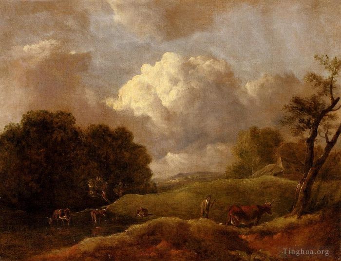 Thomas Gainsborough Ölgemälde - Eine ausgedehnte Landschaft mit Vieh und einem Viehtreiber