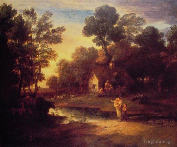 Thomas Gainsborough Ölgemälde - Bewaldete Landschaft mit Rindern an einem Teich und einer Hütte