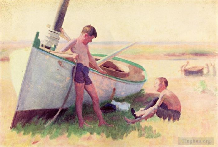 Thomas Pollock Anshutz Andere Malerei - Zwei Jungen an einem Boot in der Nähe von Cape May