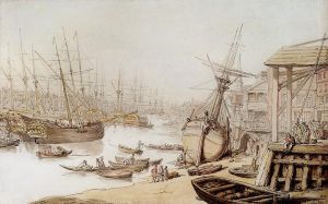 Thomas Rowlandson Werk - Ein Blick auf die Themse mit zahlreichen Schiffen und Figuren am Kai