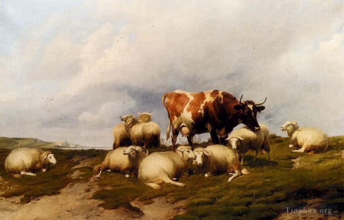 Thomas Sidney Cooper Ölgemälde - Eine Kuh und ein Schaf auf den Klippen