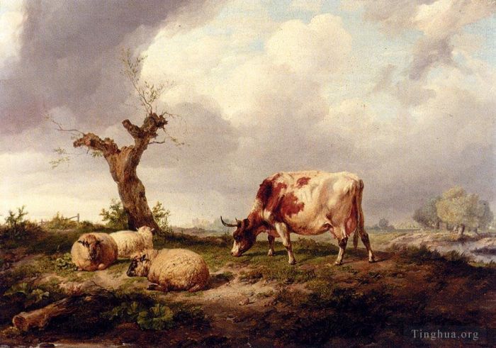 Thomas Sidney Cooper Ölgemälde - Eine Kuh mit Schafen in einer Landschaft