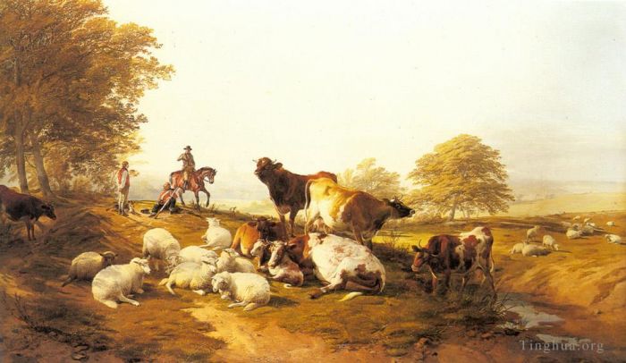 Thomas Sidney Cooper Ölgemälde - Rinder und Schafe ruhen in einer weitläufigen Landschaft